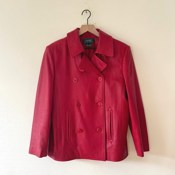 Vintage Lauren Ralph Lauren Red Leather Trench Jacket Women Size M